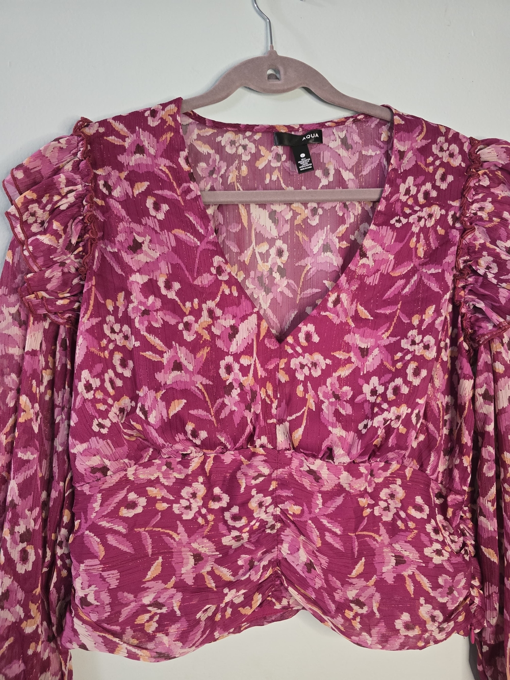 Aqua Raspberry Floral V-Neck Ruffle Blouse - Picture 5 of 14